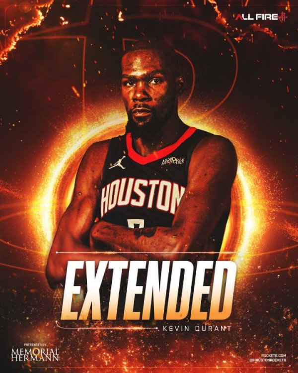 2年9000万美元!火箭官方:球队正式提前续约凯文-杜兰特 2年9000万美元!火箭官方:球队正式提前续约凯文-杜兰特